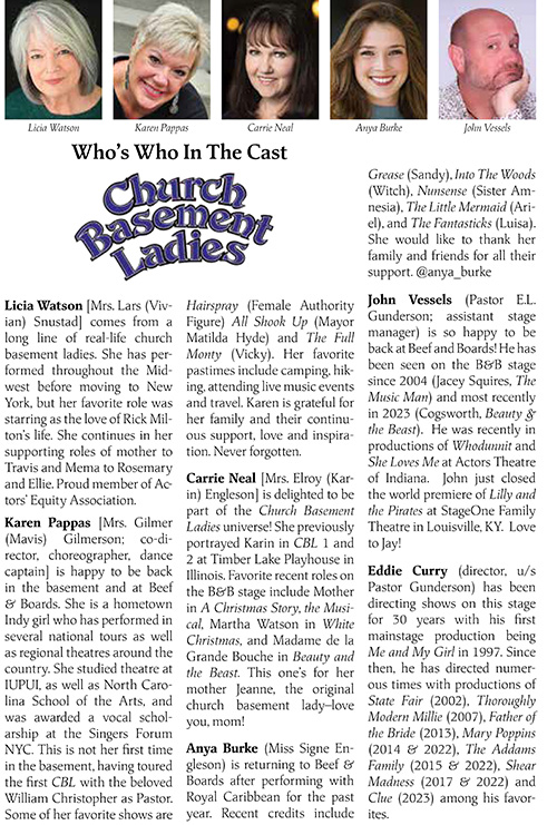 Image with headshots and bios for the cast of Church Basement Ladies at Beef & Boards Dinner Theatre