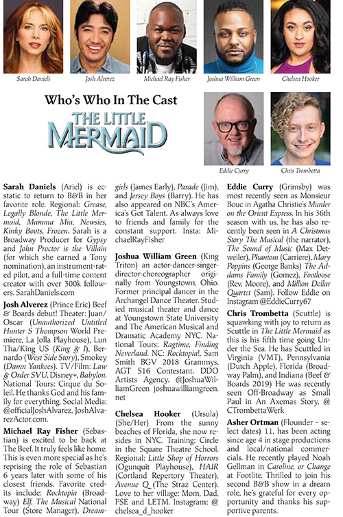 Image with headshots and bios for the cast of Disney's The Little Mermaid at Beef & Boards Dinner Theatre