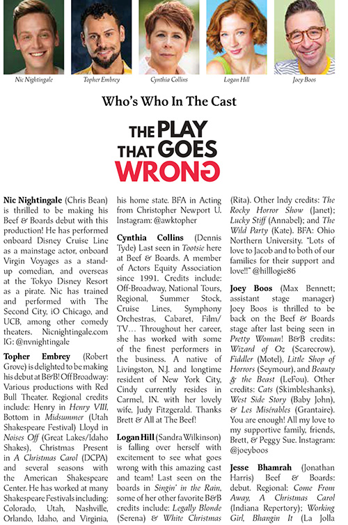 Image with headshots and bios for the cast of The Play that Goes Wrong at Beef & Boards Dinner Theatre