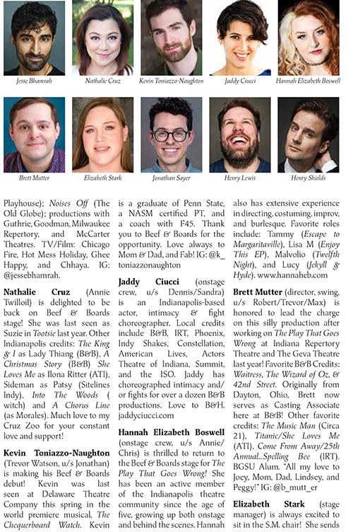 Image with headshots and bios for the cast of The Play that Goes Wrong at Beef & Boards Dinner Theatre